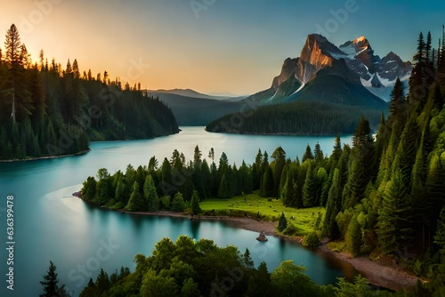   Beautiful views of the forest and lake with a waterfall. 3D image
