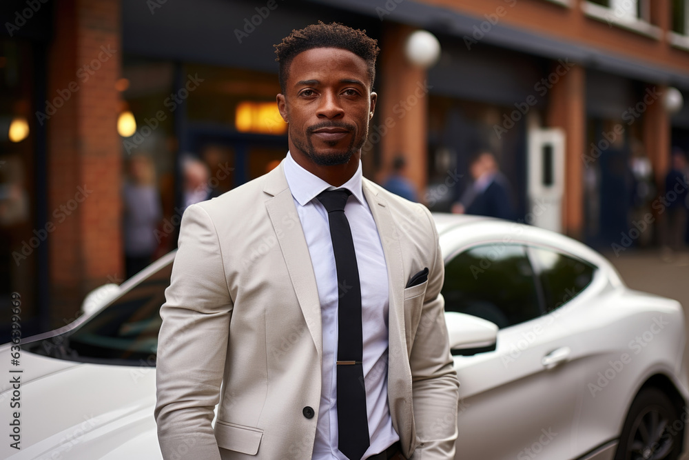 An African man stands proudly in front of a gleaming sports car. He radiates luxury in his crisp white suit An African man stands proudly in front of a gleaming sports car. He radiates luxury in his crisp white suit