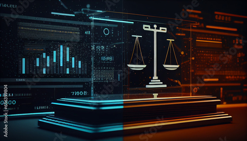 Law scales on background of data center. Digital law concept of duality of Judiciary, Jurisprudence and Justice and data in the modern world. Ai generated image