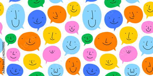 Diverse colorful chat bubble seamless pattern illustration. Multi color rainbow cartoon text balloon in funny children doodle style. Friendly team work or group conversation background concept.