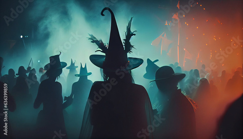Massive halloween party with many unrecognizable costumed people dancing in fog or smoke, neural network generated art. Digitally . any actual scene or pattern, Ai generated image