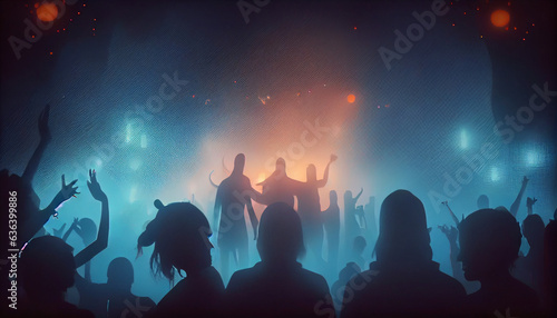 Massive halloween party with many unrecognizable costumed people dancing in fog or smoke, neural network generated art. Digitally . any actual scene or pattern, Ai generated image