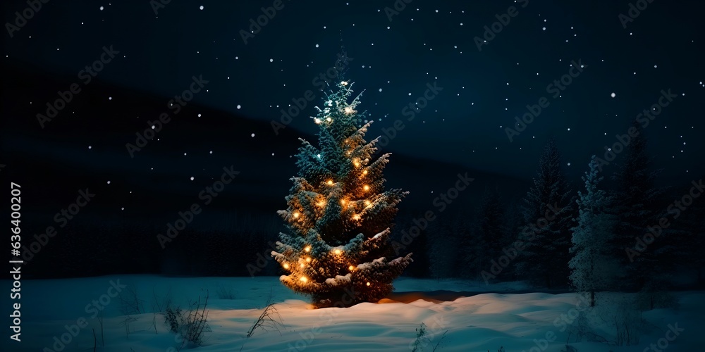 Christmas tree at night forest, generative ai - obrazy, fototapety, plakaty 