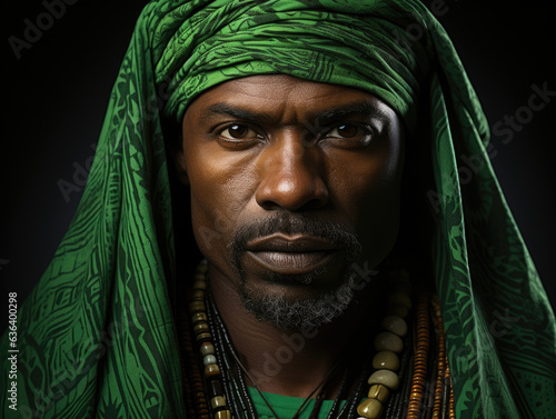 An inspirational photo of an African man wearing bright green robes with intricate patterns and beaded jewelry. His face shows the