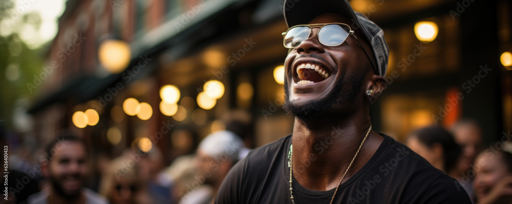 An African American man confidently belting out a song at an open mic the crowd eagerly cheering him on and raising their drinks in An African American man confidently belting out a song at an open mic the crowd eagerly cheering him on and raising their drinks in