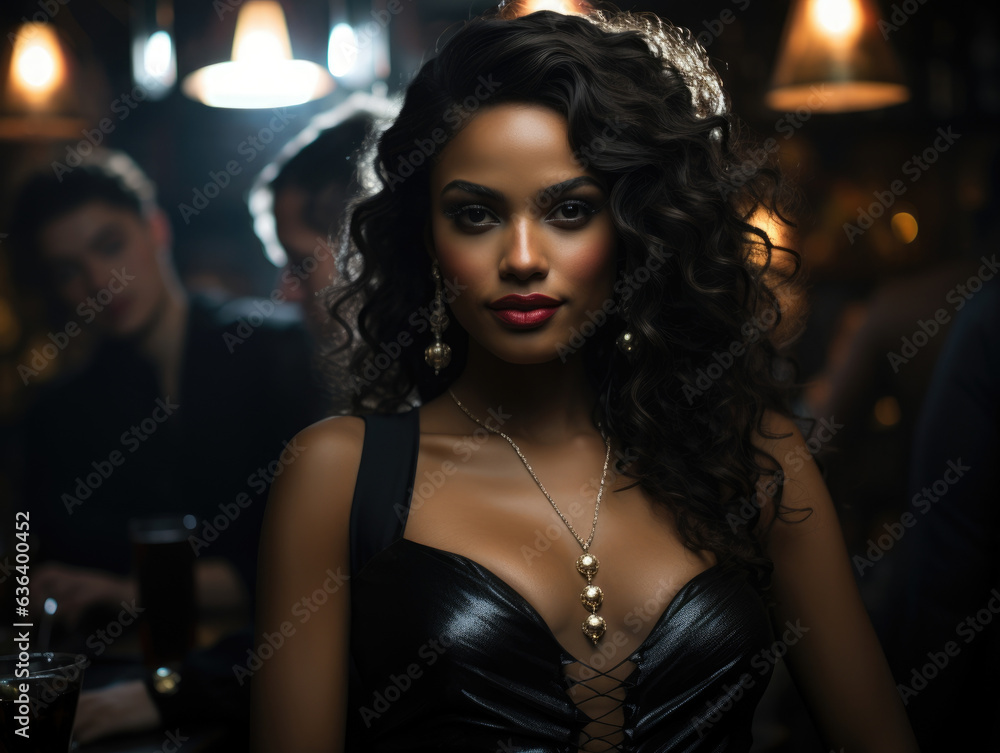 A fashionable African American woman standing in a quiet corner of the club with her friends her elegant curves accentuated by her A fashionable African American woman standing in a quiet corner of the club with her friends her elegant curves accentuated by her