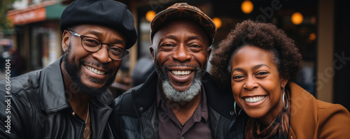 Three generations of African Americans smiling as they share stories and memories about their hometown encapsulating the strong familial © Justlight