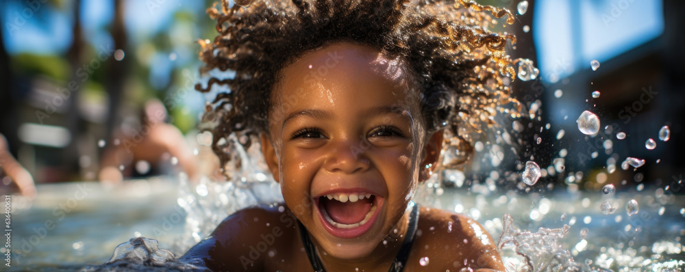 A laughing Black toddler splashes in a pool with an expression of pure contentment and joy feeling perfectly at ease and surrounded A laughing Black toddler splashes in a pool with an expression of pure contentment and joy feeling perfectly at ease and surrounded