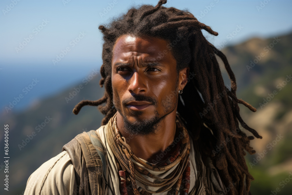 An African American man stands atop a cliff his eyes and hair whipped by the wind as he represents the typical African warrior facing An African American man stands atop a cliff his eyes and hair whipped by the wind as he represents the typical African warrior facing