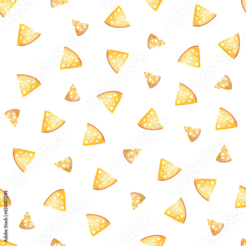 Watercolor seamless pattern of cheese slice on a white background. Cute texture for decor, wrapping paper, print, cover, ceramics tile.