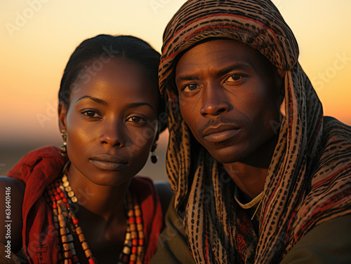 An African couple sits side by side in the golden sand of a dry lakebed as the sun rises in the distant horizon. Their skin glows photo