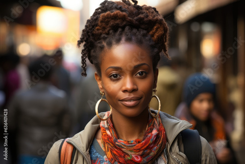 A determined looking African woman in her thirties walking down a city sidewalk her gaze fixed straight ahead. The hustle and bustle