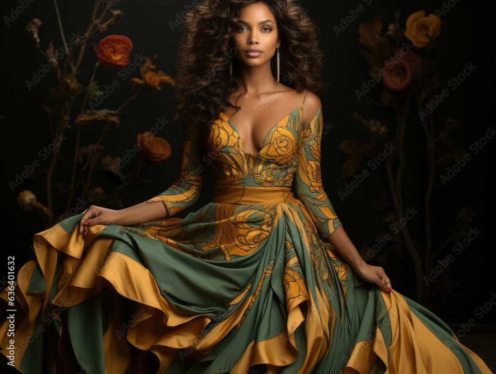 A beautiful African woman stands tall in a fashionable flowing gown. The deep green background provides a striking contrast to her
