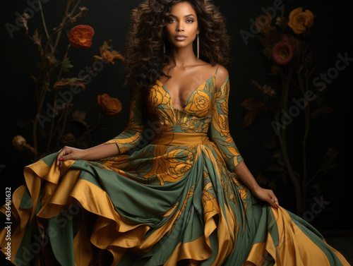 A beautiful African woman stands tall in a fashionable flowing gown. The deep green background provides a striking contrast to her