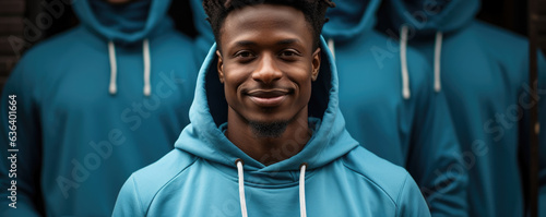 An athletic young man of African decent sports a stylish blue hoodie and jeans. His casual yet cool style is set off by his dark skin