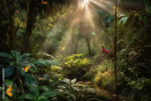 Meandering stream in lush rainforest, with filtered light and vibrant wildlife., generative IA