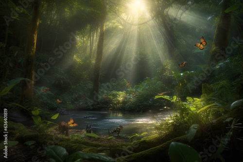 Meandering stream in lush rainforest, with filtered light and vibrant wildlife., generative IA © Lindamar