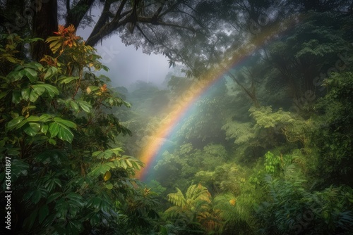 Rainforest  rainbows  tall trees  meandering stream  colorful butterflies.  generative IA