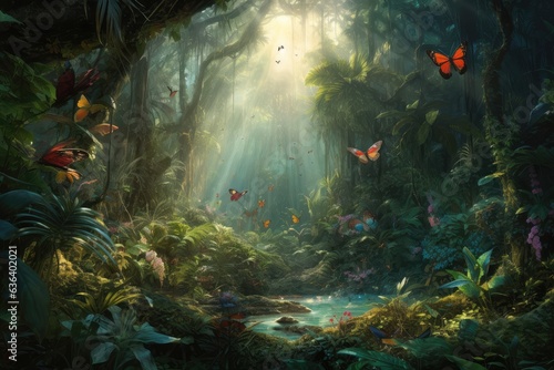 Lush rainforest, winding rivers, colorful birds. Nature in full harmony., generative IA © Lindamar