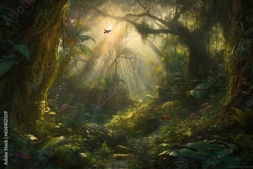 Magical rainforest  glistening stream  towering trees  curious wildlife.  generative IA