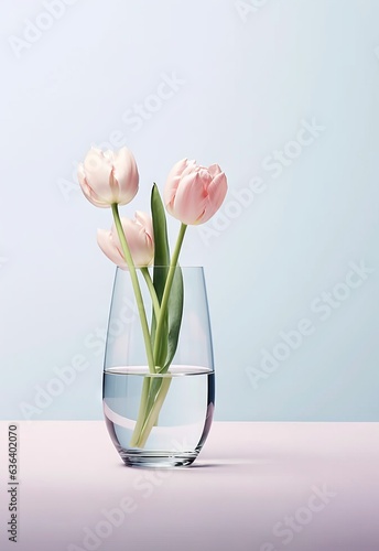Tulips in a glass vase on a light background.