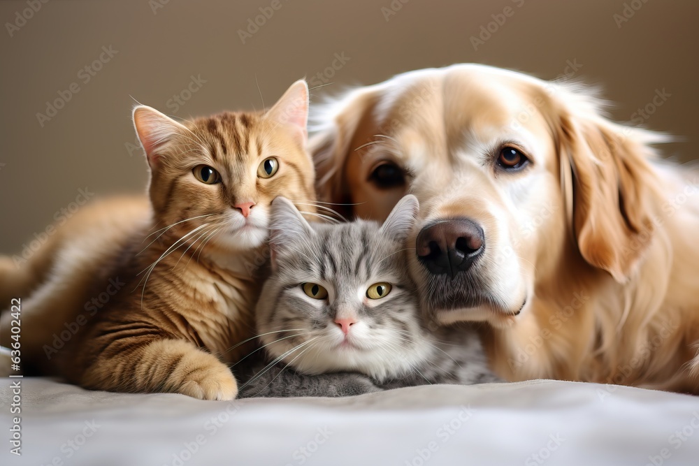 Golden Retriever, cat and dog together on the bed.