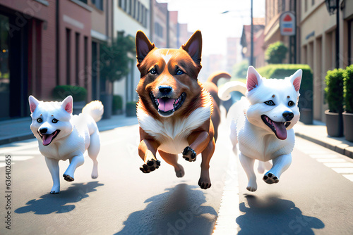 Generative AI image of  three running dogs.