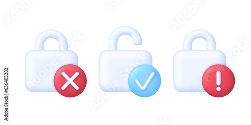 3D Set of padlock icons. Lock and unlock icons. Padlock with check, cross, exclamation marks.