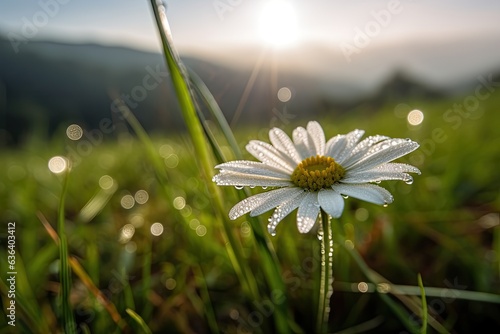 Lonely daisy in the dewy field at dawn., generative IA
