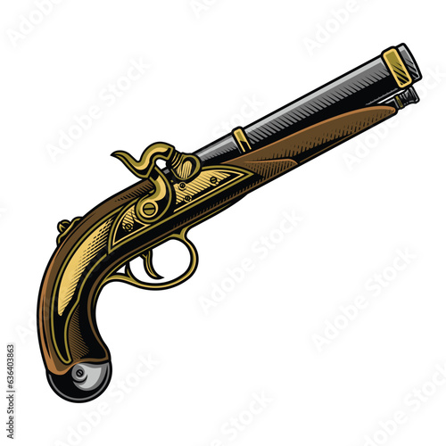 Vintage pistol. Vector illustration in engraving technique of old fashioned handgun.