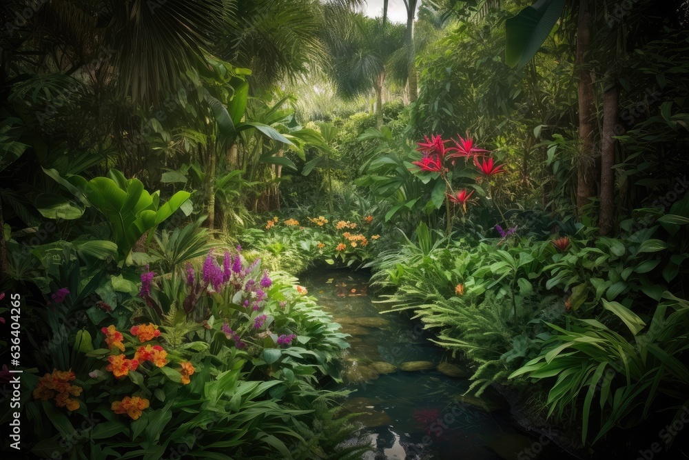 Lush jungle with central tree and colorful flowers., generative IA
