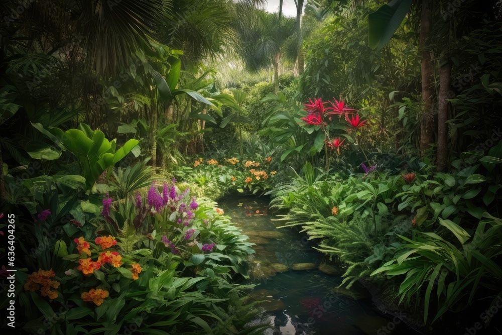 Lush jungle with central tree and colorful flowers., generative IA Lush jungle with central tree and colorful flowers., generative IA
