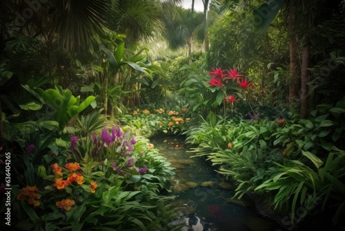 Lush jungle with central tree and colorful flowers., generative IA