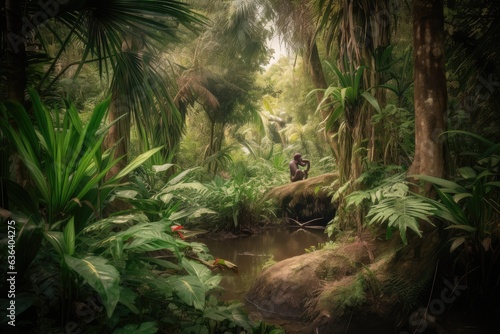 Lush jungle: plants, flowers and monkey among palm trees and vines., generative IA © Lindamar