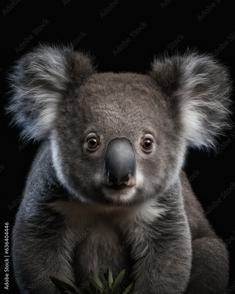 Generated photorealistic image of a sad koala on a black background