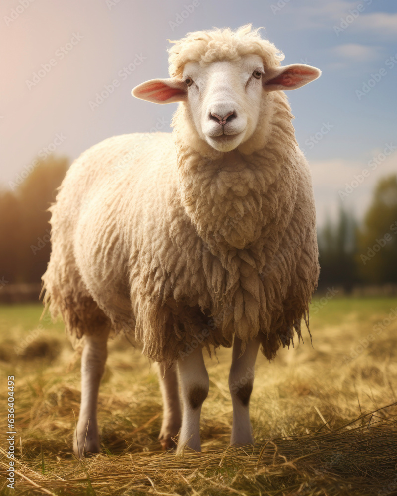 Generated photorealistic image of a well-groomed domestic white merino sheep in a field