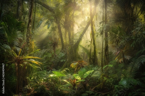 Lush rainforest with dense plants  vibrant life and soft light.  generative IA