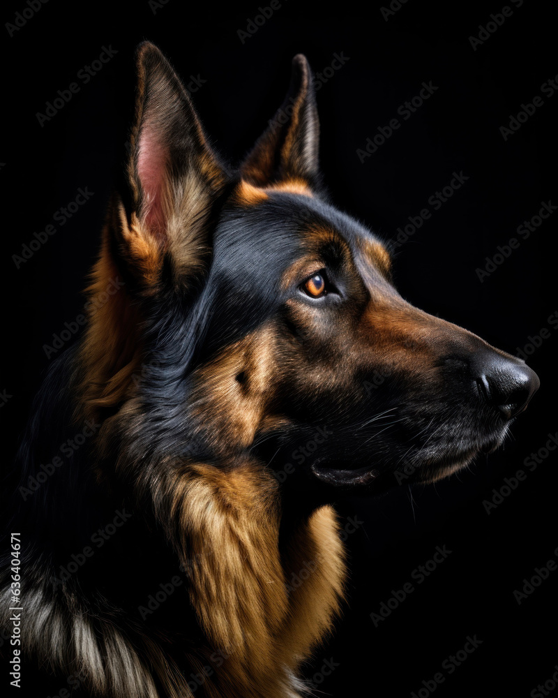 Generated photorealistic image of a smart German Shepherd in profile