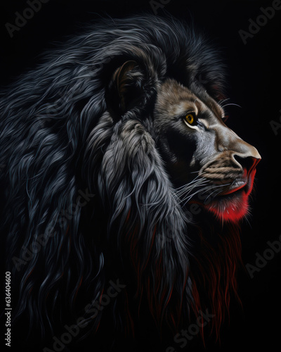 Generated photorealistic image of a black demonic lion in profile