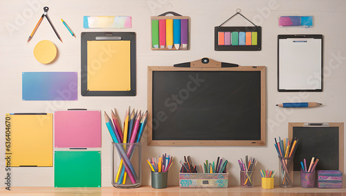 Vibrant school supplies in a studio setting, including pens, pencils, chalkboards, and books. Energetic back-to-school ambiance
