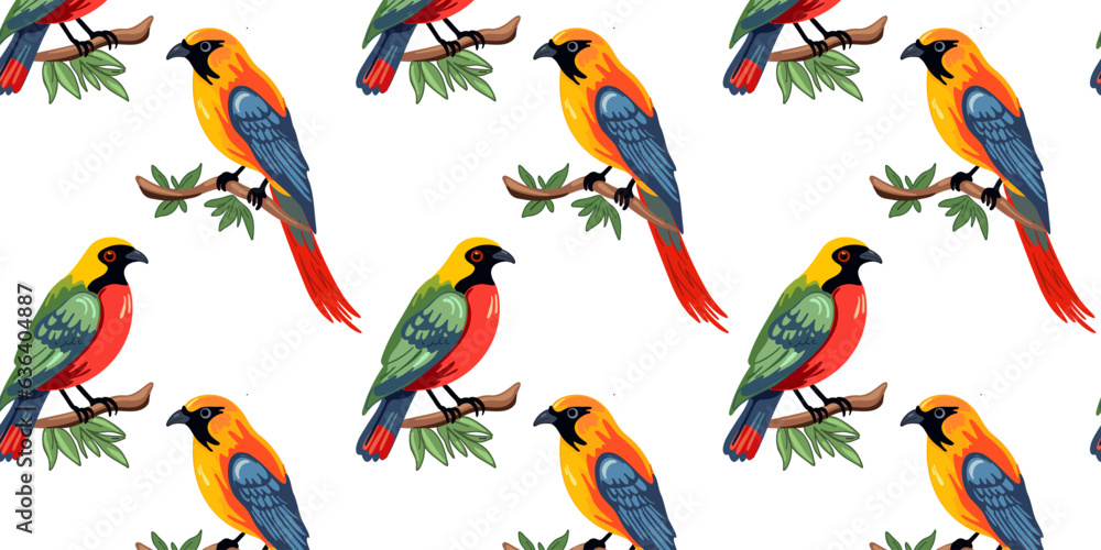 Fototapeta premium Seamless pattern with beautiful and bright tropical birds on a branch on a white background. Vector illustration