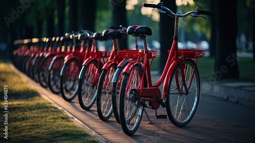 Generative AI, Bike sharing system, many red city bikes parked. Healthy ecology urban transportation. 