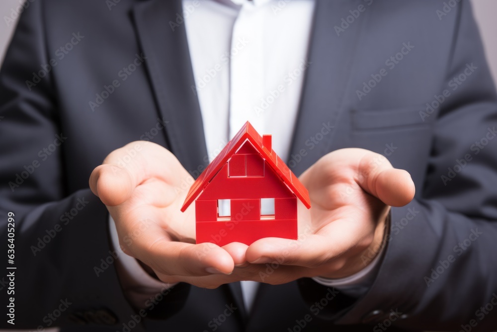 Real estate agent hands holding house model insurance businessman investing private property mortgage home house rent investment apartment for sale flat savings fund business owner landlord market Real estate agent hands holding house model insurance businessman investing private property mortgage home house rent investment apartment for sale flat savings fund business owner landlord market