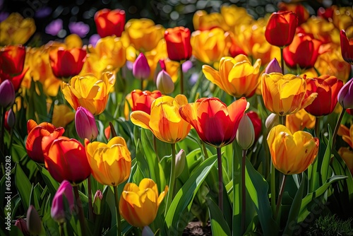 Multicolored tulips in spring garden under sunlight.  generative IA
