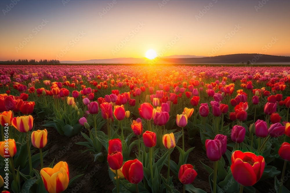Vast field of multicolored tulips under the sun., generative IA