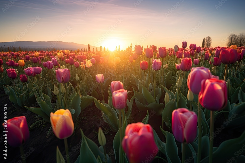 Vast field of multicolored tulips under the sun., generative IA