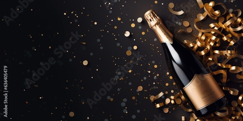 Obraz na płótnie Celebration background with golden champagne bottle, confetti stars and party streamers