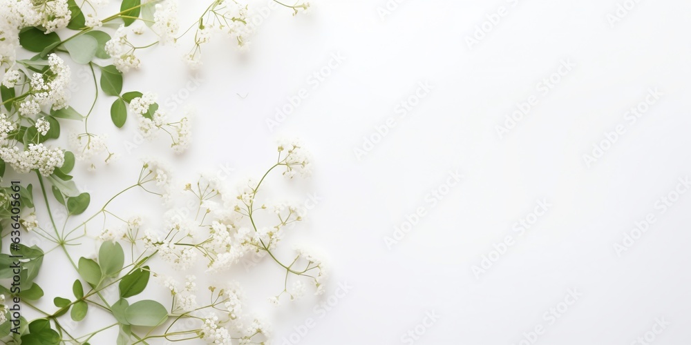 Obraz premium Styled stock photo. Feminine wedding desktop mockup with baby's breath Gypsophila flowers, dry green eucalyptus leaves, satin ribbon and white background. Empty space. Top view. Picture for blog.