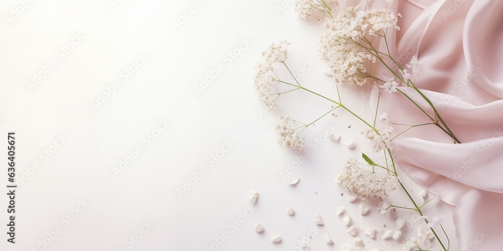 Obraz premium Styled stock photo. Feminine wedding desktop mockup with baby's breath Gypsophila flowers, dry green eucalyptus leaves, satin ribbon and white background. Empty space. Top view. Picture for blog. 