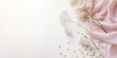 Styled stock photo. Feminine wedding desktop mockup with baby's breath Gypsophila flowers, dry green eucalyptus leaves, satin ribbon and white background. Empty space. Top view. Picture for blog. 